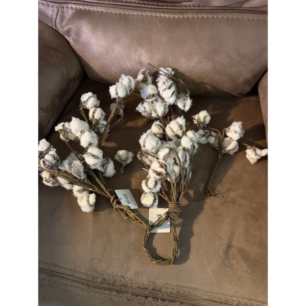 Blooming Holiday Cotton Boll Teardrop Stems Glitter Farmhouse Decor Set of 2 NWT